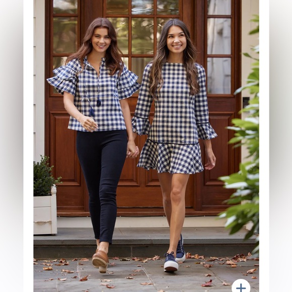 SAIL to SABLE NAVY GINGHAM LONG SLEEVE RUFFLE HEM DRESS SIZE M - Picture 4 of 10